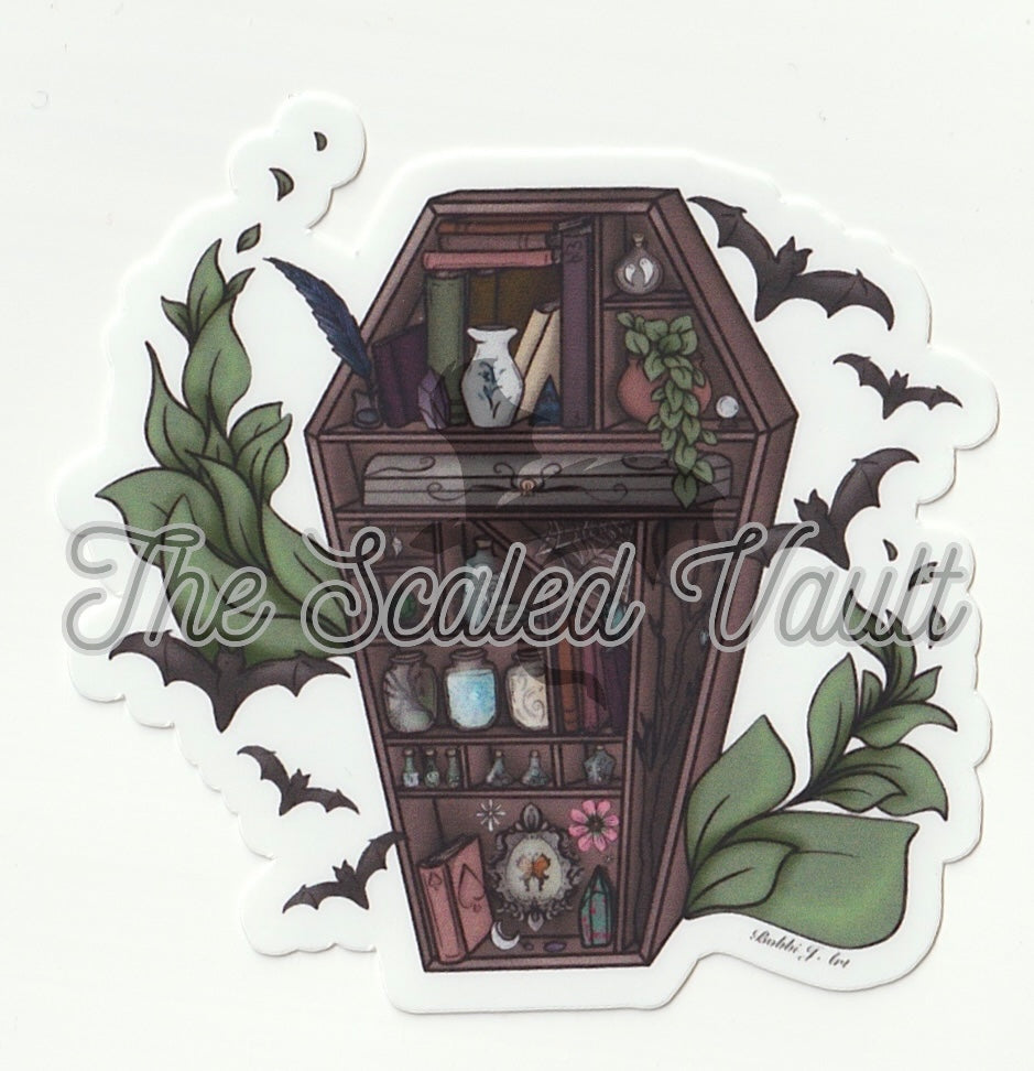Coffin Bookcase sticker, laminated transparent 2.8”