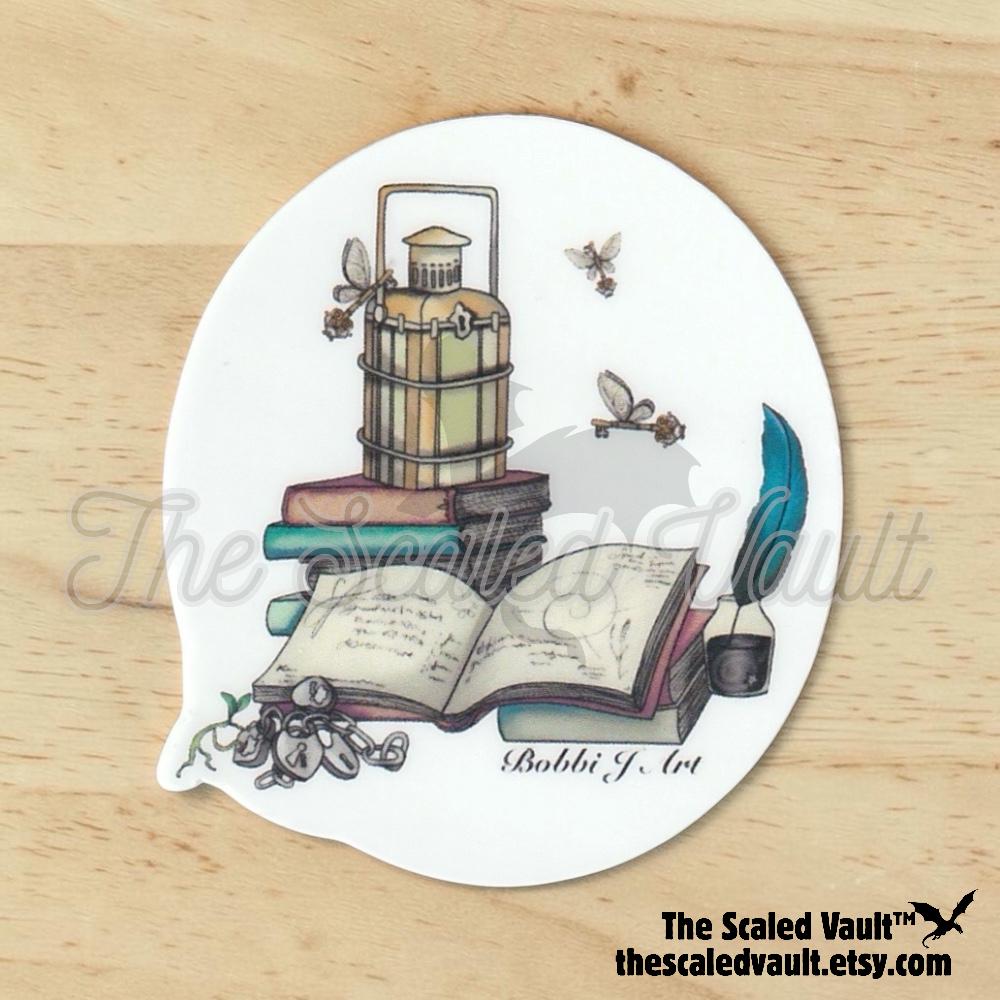 Whimsical Bookish Sticker 2.5”, laminated white
